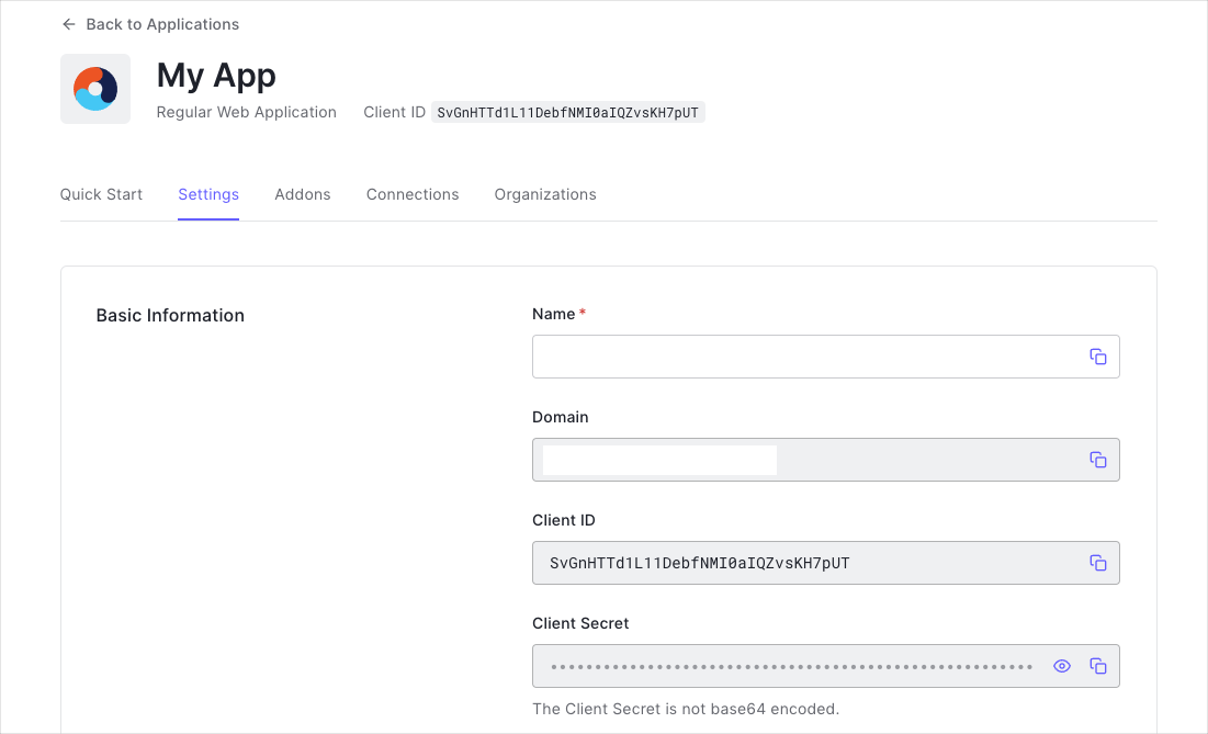 Screenshot of the Auth0 application settings page